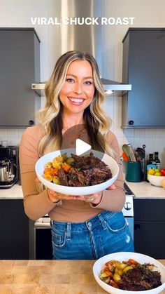 a woman holding a plate of food in her hands with the words virtual chuck roast on it