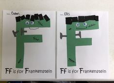 two children's book pages with the letters f and f for frankenstein cut out