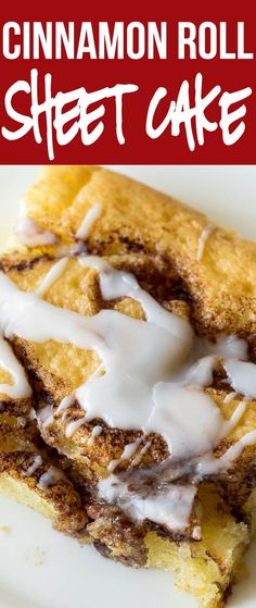 cinnamon roll sheet cake on a white plate