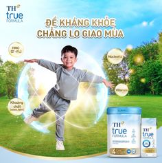 an advertisement for the true natural product with a young boy dancing in front of it