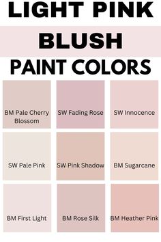 pink paint colors with the words light pink, blush, and white in different shades