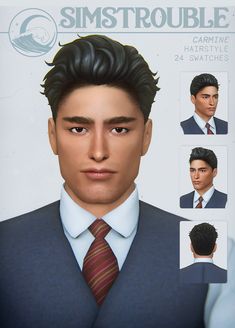 the man is wearing a suit and tie with different hairstyles on his head