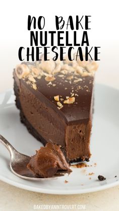 no - bake nutella cheesecake on a plate with a fork and spoon