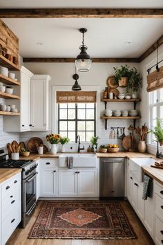 a kitchen with white cabinets and wooden shelves, an area rug in front of the sink