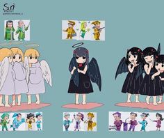 an image of some anime characters with angel wings on their heads and in different poses