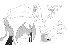 some drawings of different types of wings and demon like people in various poses, with one man