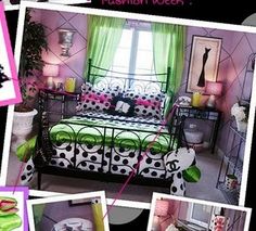 a collage of photos showing the interior of a bedroom decorated in pink, green and black