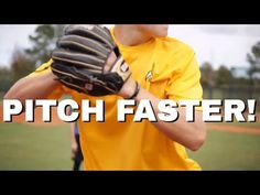 a baseball player holding his mitt with the words pitch faster