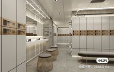 the interior of a bathroom with several stools and mirrors on the wall above them