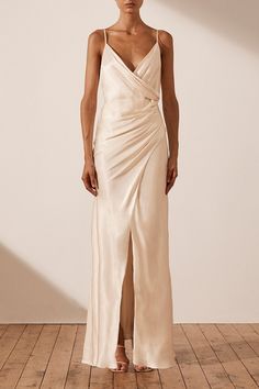 La Lune Cross Draped Maxi Dress | Cream | Dresses | Shona Joy – Shona Joy International Pre-draped Bias Cut Maxi Dress For Wedding, Draped Bias Cut Maxi Dress For Gala, Satin Draped Maxi Dress, Cream Satin Floor-length Evening Dress, Bias Cut Pre-draped Slip Dress, Elegant Draped Maxi Dress For Wedding Guest, Wedding Slip Dress With Draped Bias Cut, Ruched Draped Maxi Dress For Wedding, Pre-draped Satin Maxi Dress For Wedding