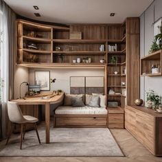 a room with a desk, shelves and a couch in it that is made out of wood