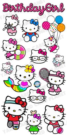 a bunch of hello kitty stickers that are on a white background with the words birthday girl