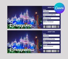 two tickets for disneyland world at night with lights and castle in the background, both are blue and white