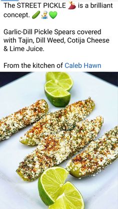 an image of some food on a plate with limes and other things to eat