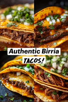 three different pictures of tacos with the words authentic burritos