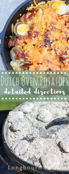 the dutch oven is loaded with potatoes, bacon and other things to cook in it