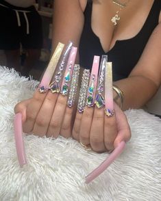 Super Long Acrylic Nails, Tapered Square Nails, Nails Design With Rhinestones, Glow Nails