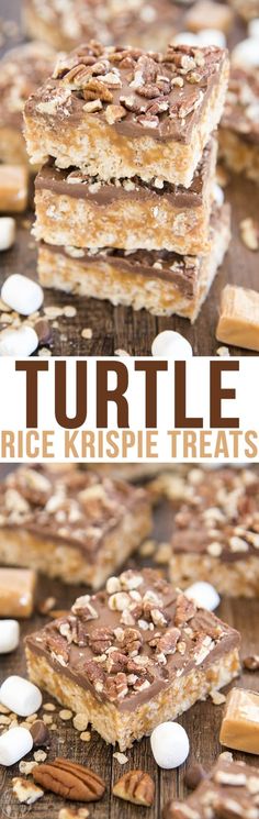 several different kinds of food are stacked on top of each other with the words turtle rice krispies treats