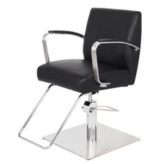 a black chair with chrome legs on a white background