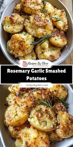 rosemary garlic smashed potatoes in a white bowl