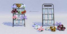 two metal racks with flowers in them on a white surface and one is filled with water