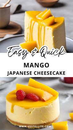 mango cheesecake with fresh raspberries on top and the title says easy & quick mango cheesecake