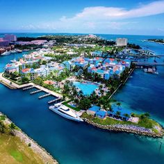 an aerial view of the resort and marina