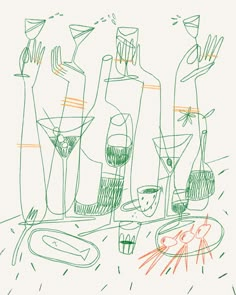 a drawing of several bottles and glasses on a table with plates and utensils