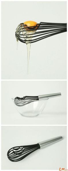 three different views of a whisk being used to make an appetizer