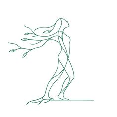 a line drawing of a woman with her hair blowing in the wind, standing on one leg