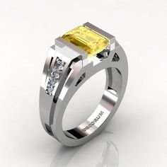 Decorum Mens 14K White Gold 3.0 Carat Emerald Cut Yellow Sapphire Diamond Modern Wedding Ring G1094- Modern Wedding Ring, Modern Mens Rings, Mens Bling, Modern Wedding Rings, Unique Mens Rings, Black Gold Jewelry, Etsy Wedding Rings, Blue Sapphire Diamond, Ring Style