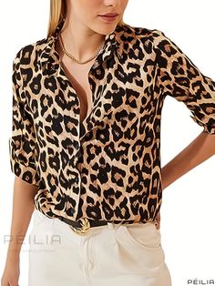 Peilia - Lapel Long Sleeve Leopard Print Button-Up Shirt for Women - Casual and Stylish Clothing Animal Print Outfits, Women Blouses Fashion, Leopard Blouse, Casual Wear Women, Dressy Blouse, Elegante Casual, Blouse Casual, Dressy Casual, Blouse Styles