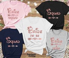 bride to be t - shirts with arrows and hearts on them are shown in pink, black