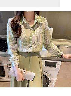 Long Sleeve Turn Down Collar Green Office Blouse Shirts – Nada Outfit Land Office Blouse, Casual Blouse Shirts, Green Office, Collared Greens, Corduroy Shorts, Sweater Collection, Embroidered Jeans, Loose Sweater, Blouse Shirt