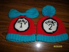 two crocheted dr seuss hat with the cat in the hat on top