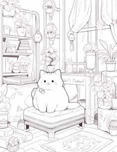 a black and white drawing of a cat sitting on a chair in a living room