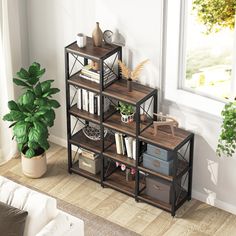 a living room with a plant and bookshelf on the floor next to a window