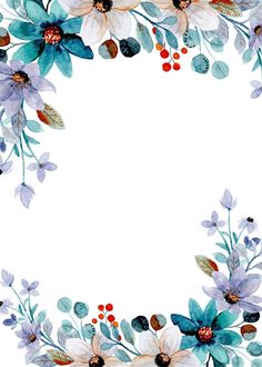 watercolor floral frame with blue and white flowers