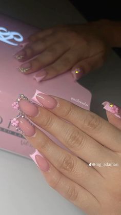 acrylic nails , french tips , flowers , rhinestones , nail inspo , not my pic Pink French Tips With Rhinestones, French Tips Flowers, French Tips With Rhinestones, Acrylic Nails French, Pink French Tips, Nails French Tips, Spring Acrylic Nails, Girly Acrylic Nails