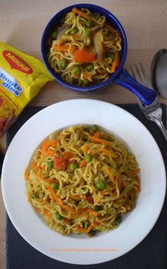 a plate of noodles with peas and carrots next to a bag of veggie magic noodles