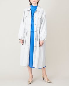 "Trench Coat for Women | Light Dusted Blue Rain Coat with adjustable waist and pockets. Fully lined. Composition: 64% viscose, 21% cotton, 15% polyuretan. Lining: 100% viscose. The trench coat is M and 112 cm long. The model wearing the water proof trench coat is size S (bust: 88 cm|35\", waist: 68|26\" cm, hips: 88 cm|35\", height: 1,68 m|5.5ft). The black pants are handmade by me, they are silk and wool blend and you can find them in shop too: https://etsy.me/3uXdCyO I sell women clothes made Gray Outerwear For Daywear In Spring, Gray Outerwear For Spring Daywear, Blue Raincoat For Rainy Weather In Spring, Blue Spring Raincoat For Rainy Weather, Fall Outerwear, Coat For Women, Blue Rain, Fall Coat, Rain Coat