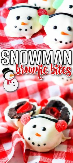 snowman brownie bites on a red and white checkered tablecloth with text overlay