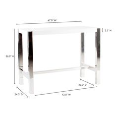 a white table is shown with measurements for the top and bottom section, along with an additional shelf