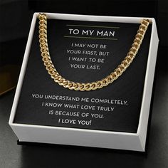 This To My Man Necklace is a modern link chain necklace that is perfect as a gift for Valentine's Day, your Anniversary, his Birthday, or any special occasion. This To my Man Gift is a high-quality stainless steel chain link necklace that he can wear for years to come. Our To my Man Chain Necklace is the perfect gift for the special man in your life. The chain features a sleek, modern design that is sure to complement any outfit. Whether you're celebrating a special occasion or just want to show Romantic Gifts For Boyfriend, Boyfriend Necklace, Chain Messages, Promise Necklace, Cuban Link Necklace, Cuban Link Chain Necklaces, You're My Favorite, Confirmation Gifts, Classic Necklace