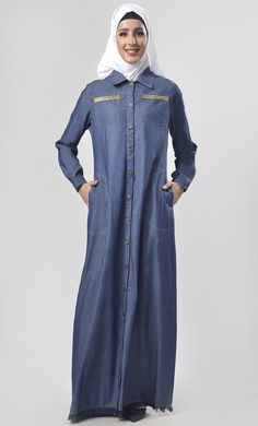 Modest Denim Jacket Style Jilbabs - EastEssence.com Long Workwear Dresses With Pockets, Long Dresses With Pockets For Work, Denim Jacket Style, Denim Jacket Fashion, Dinner Dates, Denim Dresses, Designer Denim, Date Dinner, Versatile Dresses