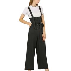 Show your casual laid-back vibes in this cute straight fit overall jumpsuit. A woven overall jumpsuit featuring a low square neckline, shoulder straps, partial button-front placket, removable self-tie at the waist, a wide-leg, and a relaxed silhouette. With the design of waist belt, it can accentuates your graceful figure. Soft fabric makes this overall jumpsuit comfortable to wear. Make you beautiful with fashion and classic design,and make you stand out in the crowd. This loose fit overall jum Jumpsuit Suit, Long Overalls, 20th Century Women, Belted Jumpsuit, Overall Jumpsuit, Belt Jumpsuit, Black Overalls, Leg Belt, Jumpsuit Black