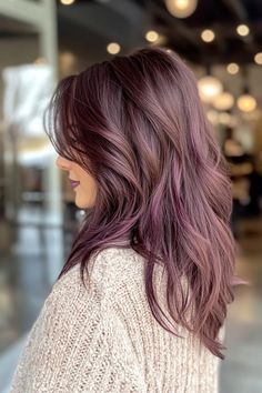 24 Stunning Winter Hair Color Ideas For Brunettes Brunette Lilac Hair, Brunette With Violet Highlights, Light Brown With Purple Hair, Lavender Brown Hair Color, Winter Purple Hair, Brown Hair With Plum Highlights, Light Brown Hair Purple Highlights, Purple Highlights Brown Hair Straight, Plum Highlights In Brown Hair