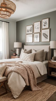 a large bed sitting in a bedroom next to two lamps and pictures on the wall