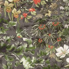 a floral wallpaper with white flowers and green leaves on a gray background that has red berries