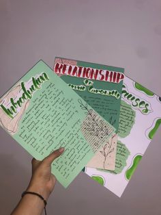 someone holding up several pieces of paper with writing on them and the words marriage written in green